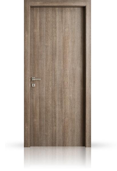 Porta scura da interni in legno con venature eleganti.